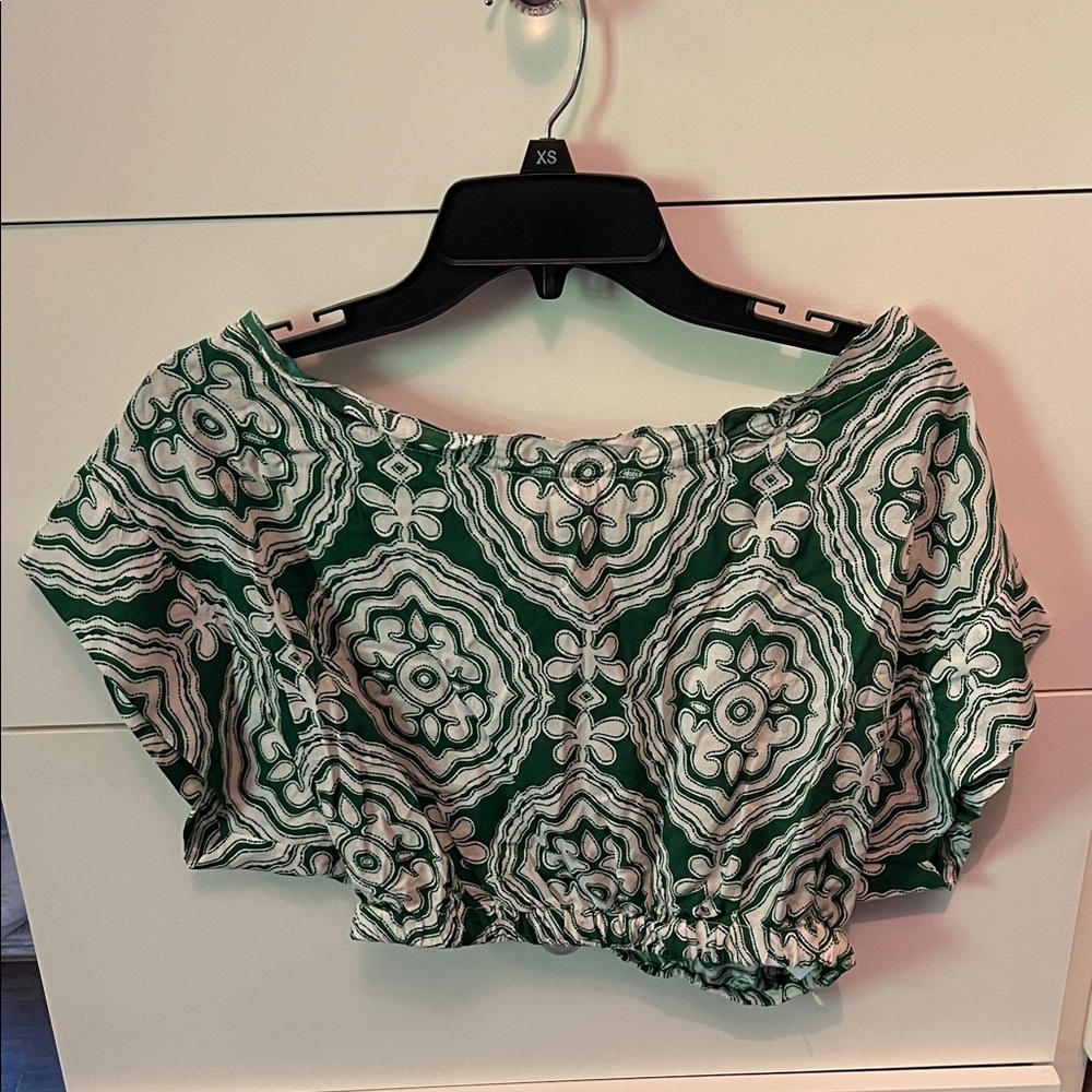Lemlem Green and White Printed Cropped Blouse